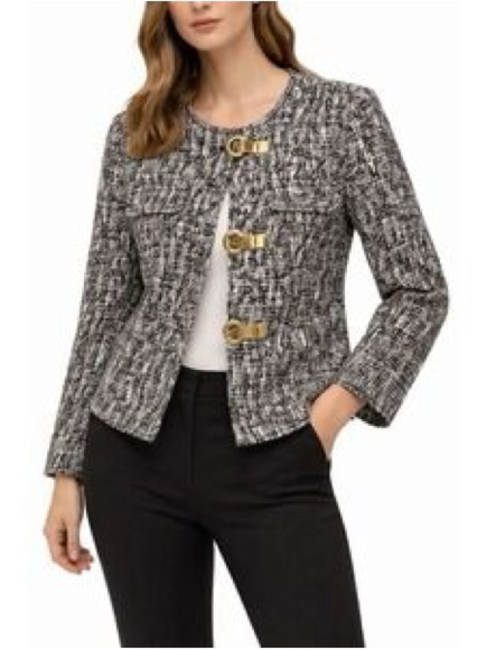 MICHAEL Michael Kors Women's Size Small Tweed Blazer Navy Blue White Gold Buckle